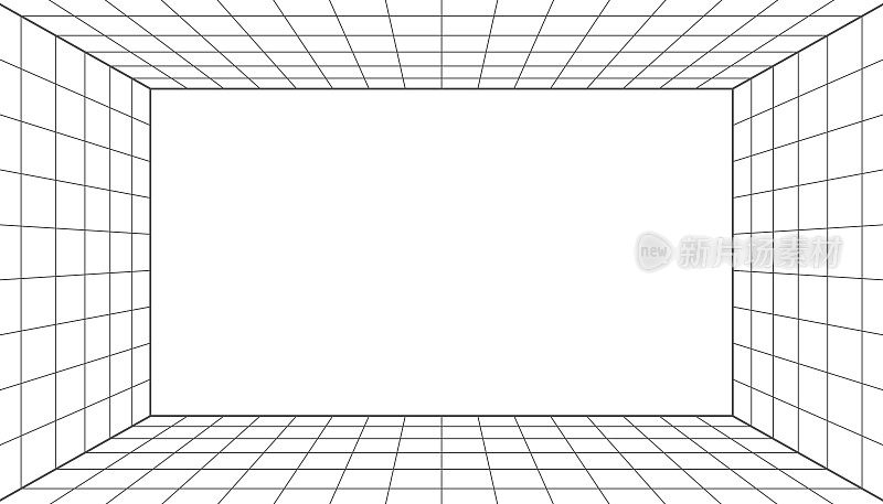 三维线框网格室。三维透视激光栅格16 9。网络空间白色背景与黑色网格。虚拟现实中的未来数字走廊空间。矢量图